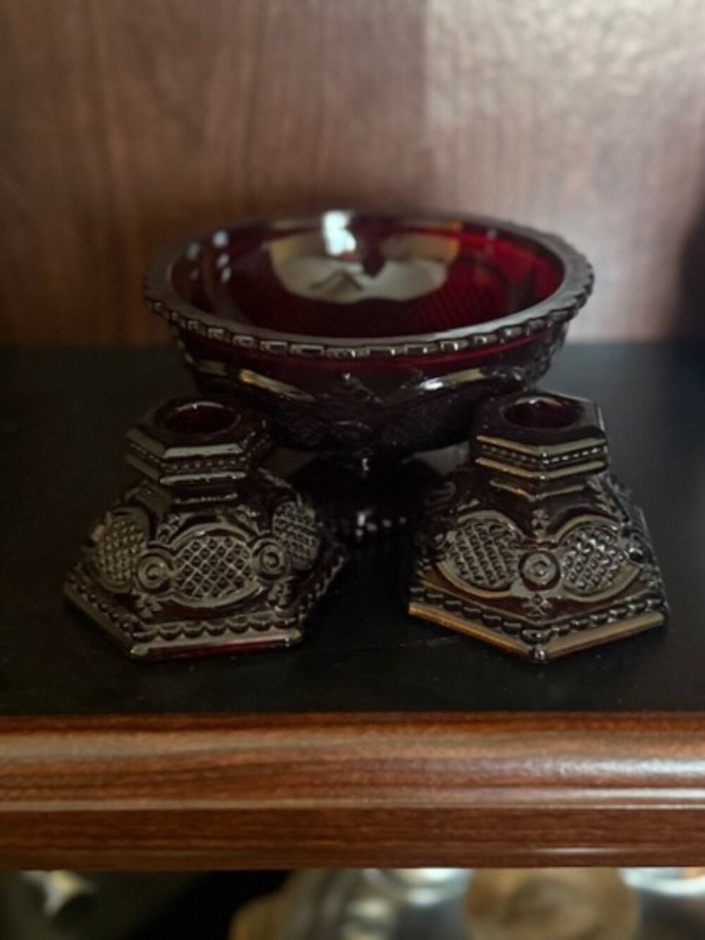 Vintage Ruby Red Glass Pedestal Bowl + Matching Candle Holders – Elegant & Rare
